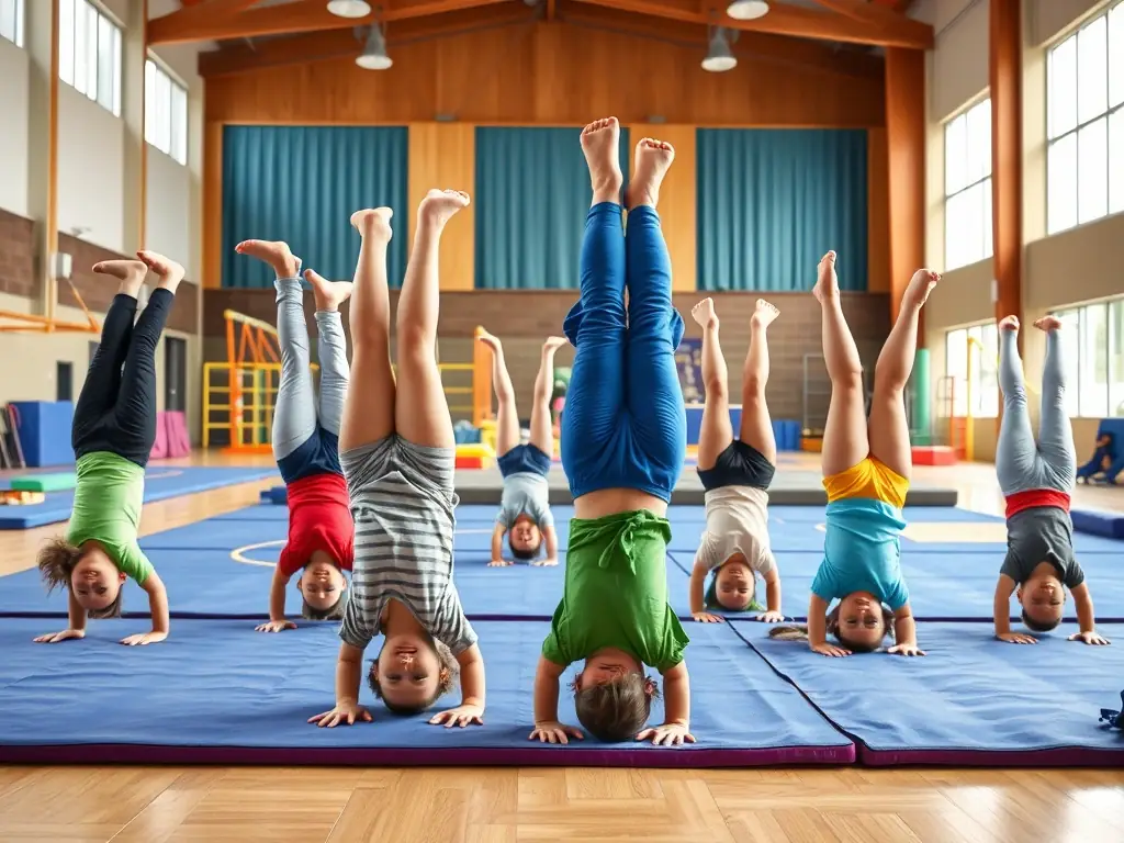 A vibrant image of young children participating in a beginner's gymnastics class, with a focus on fundamental movements and playful activities, set in a safe and supportive environment.