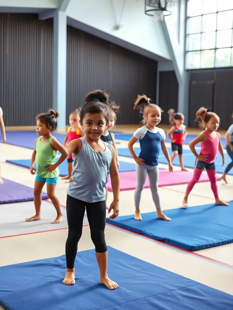 A group of children participating in a gymnastics class, performing stretches and warm-up exercises under the guidance of an instructor at GYM VOLONTAIRE ST ANDRE LES VERGERS.