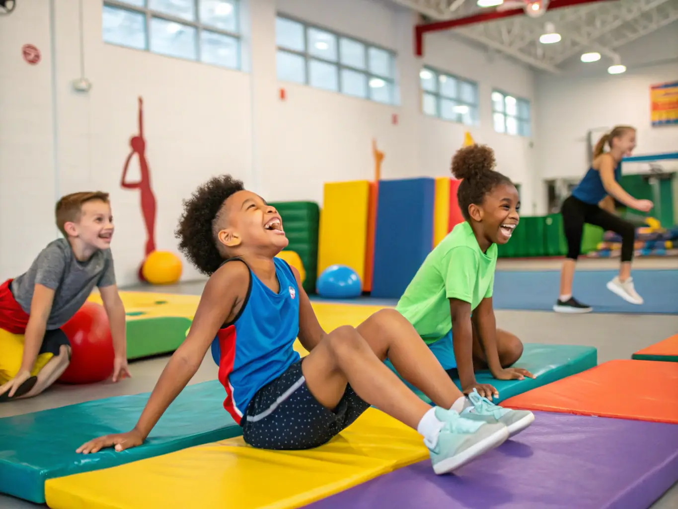 A diverse group of children laughing and interacting during a gymnastics session at GVAV, highlighting the social and community aspects of the program.