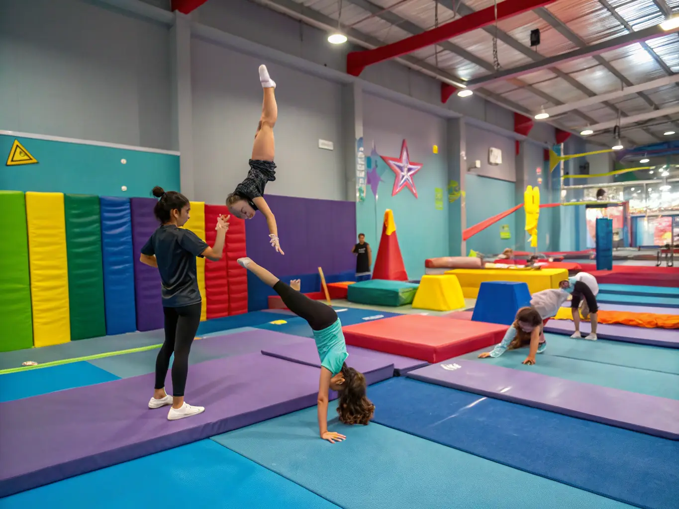 An image showcasing intermediate-level gymnasts practicing more complex routines and skills, such as handstands, cartwheels, and basic tumbling passes, under the guidance of experienced coaches.