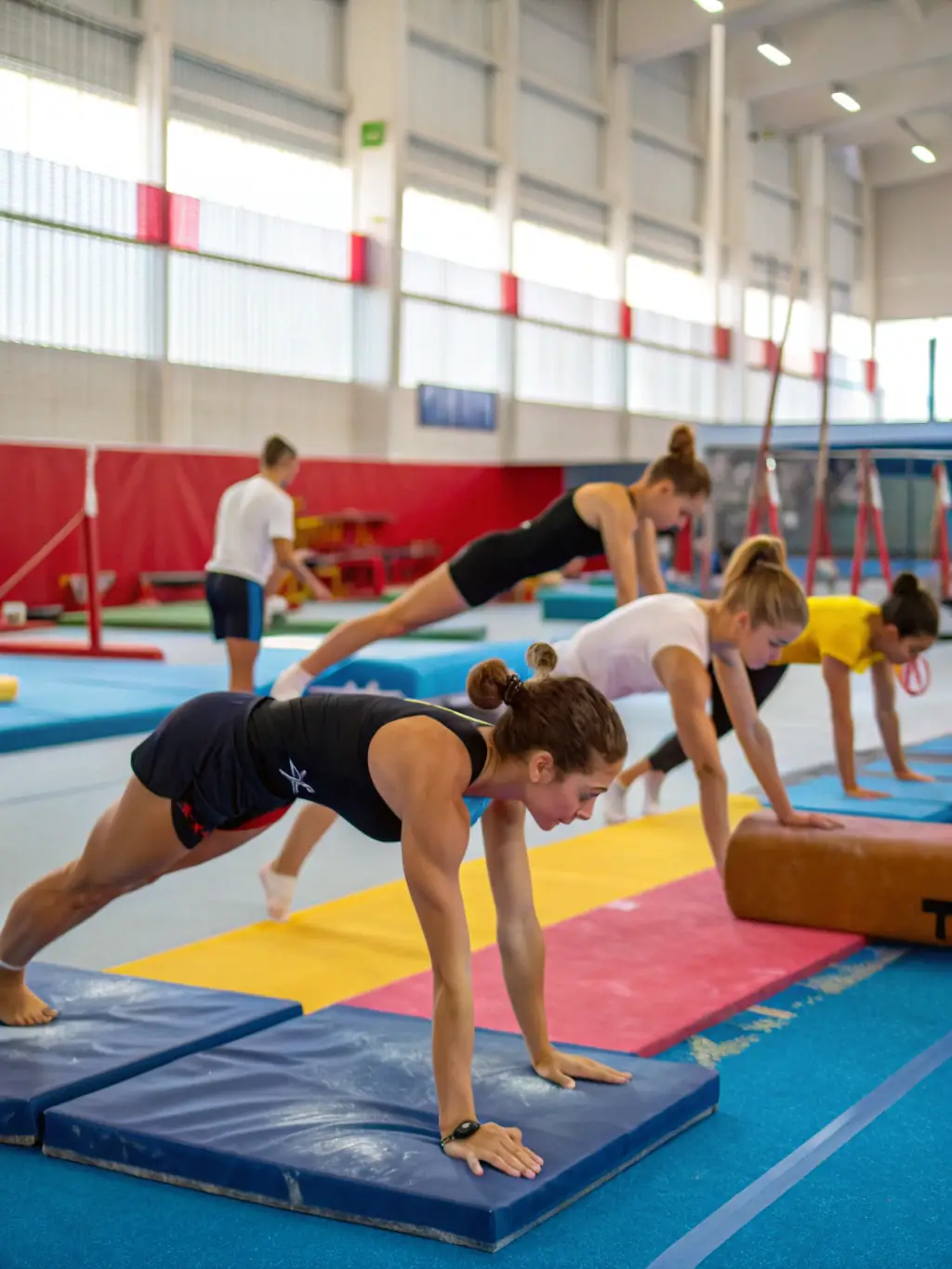 Teenagers practicing advanced gymnastics techniques on the balance beam, showcasing their agility and precision at GYM VOLONTAIRE ST ANDRE LES VERGERS.