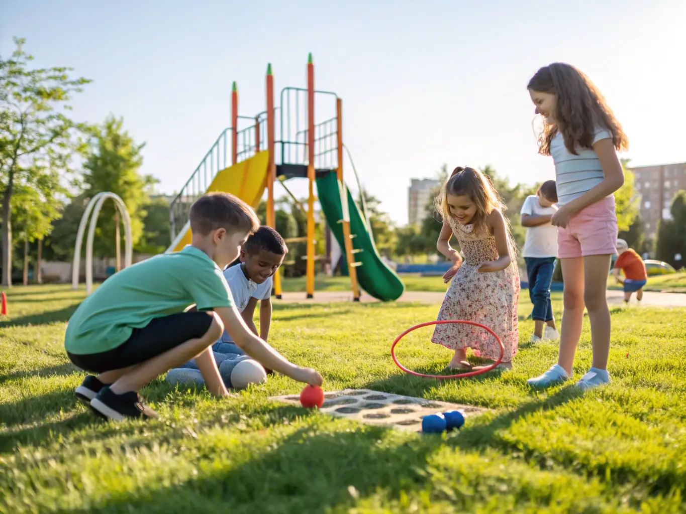 A group of children and adults practicing gymnastics outdoors in a lush green park setting, smiling and engaging in activities together.