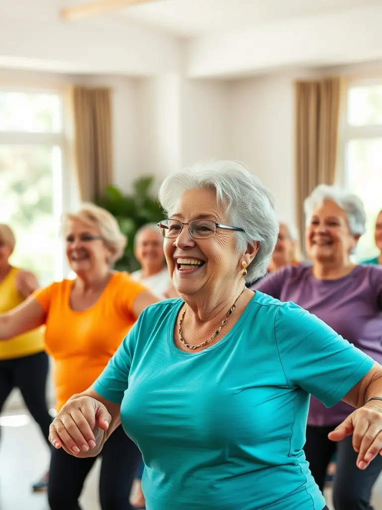A group of seniors engaging in gentle stretching and balance exercises as part of a senior-focused physical activity program at GYM VOLONTAIRE ST ANDRE LES VERGERS.