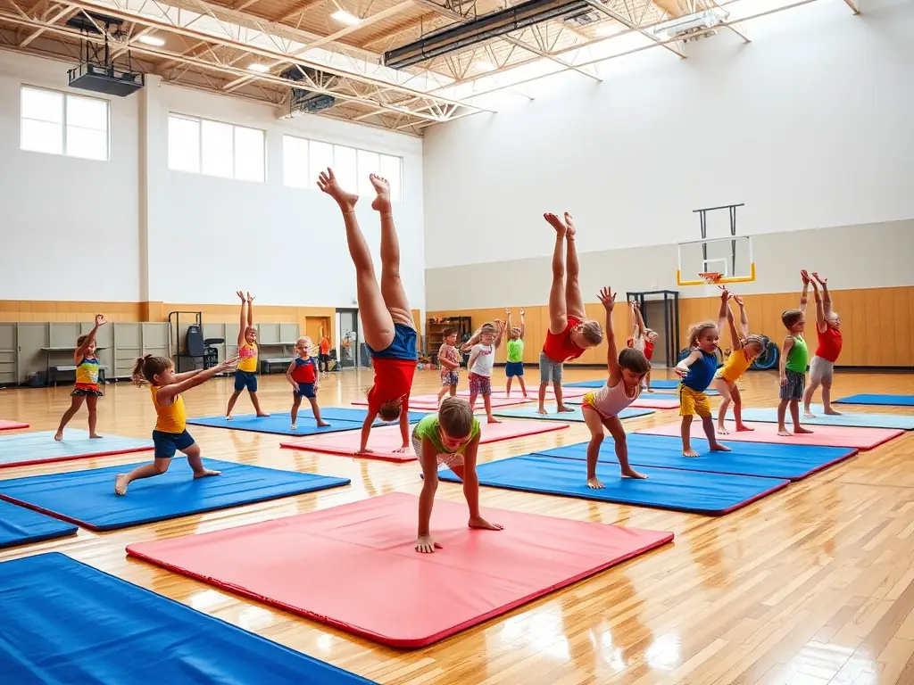 A vibrant image of children participating in a gymnastics class at GVAV, showcasing their flexibility and coordination while being supervised by instructors.